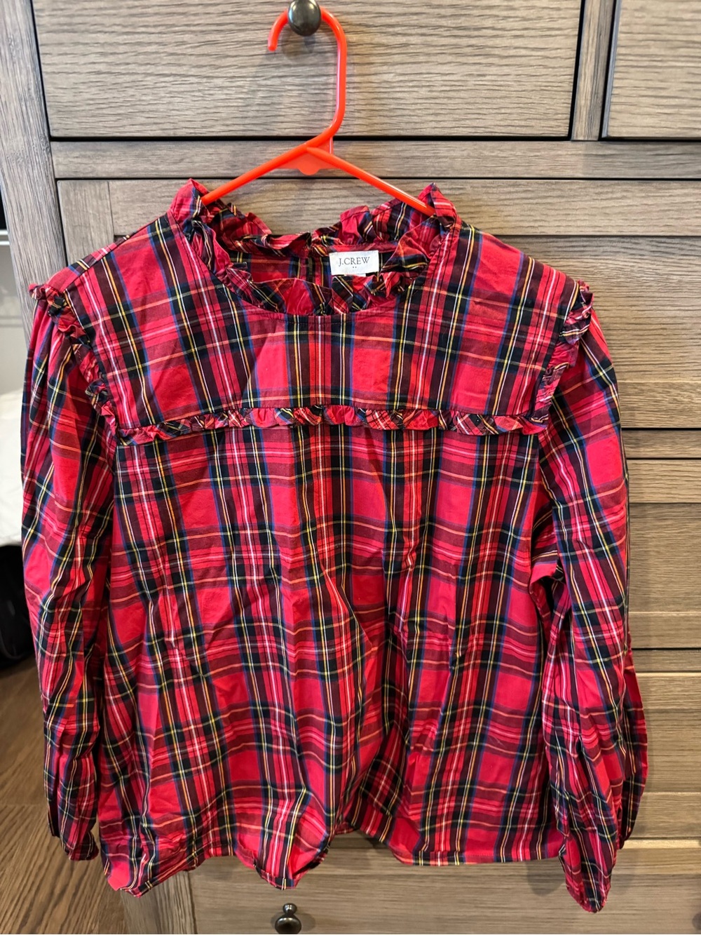 J.Crew Red Plaid Ruffle Yoke Top